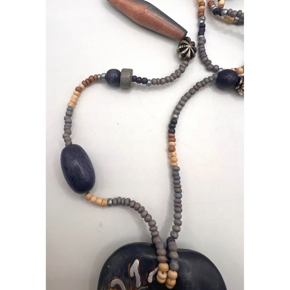 Boho Heart Pendant Necklace 32" Wood Beaded Long Statement‎ - Picture 7 of 8